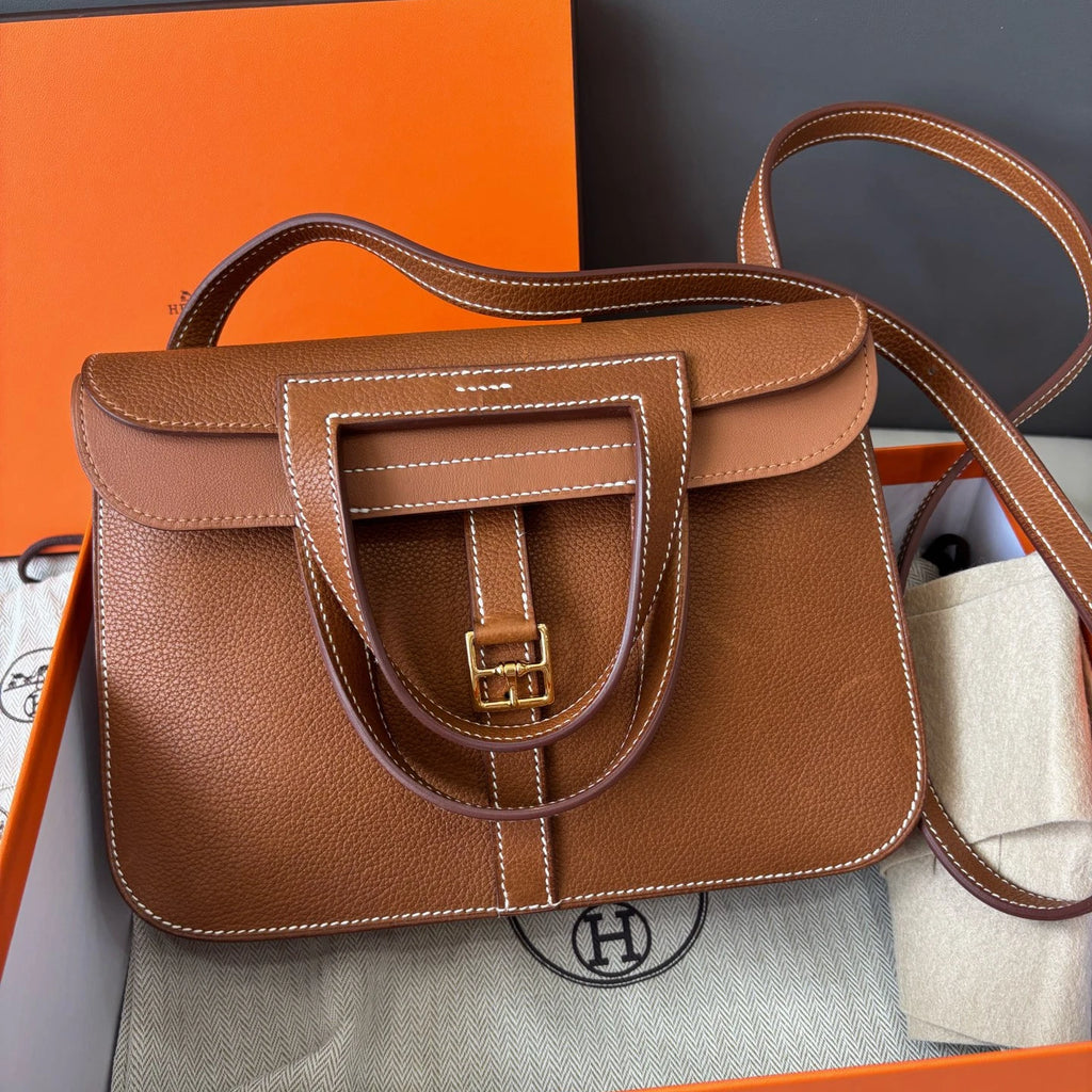 Excellent Hermes Halzan25 2Way Brown Gold Handbag Crossbody with Dust Bag Box