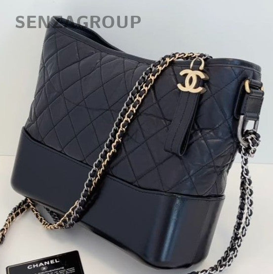 Chanel Gabrielle MM Chain Shoulder Bag Crossbody Black Gold Diamond Women