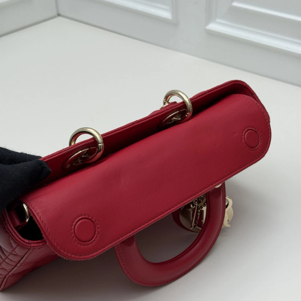 Christian Dior Lady Dior Cannage Top Handle Crossbody Red Gold Women Classic