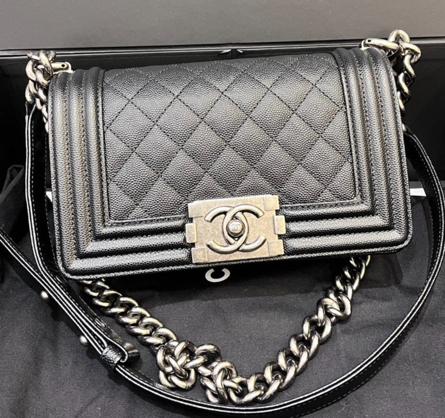 Chanel Leboy PM Chain Shoulder Bag Crossbody Black Silver Diamond Classic Women