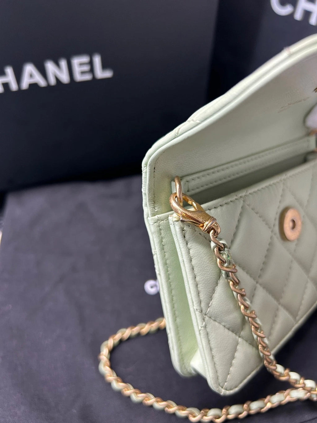CHANEL Green Gold Ball Mini Square Chain Crossbody Bag For Women