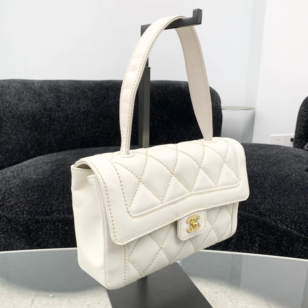 Chanel Calfskin Diamond Top Handle Shoulder Bag White Gold Hardware Women S