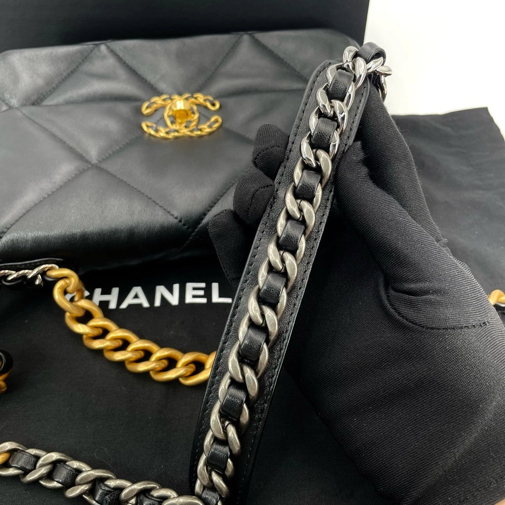 CHANEL 19 Small Black Gold Lambskin Shoulder Crossbody Bag For Women