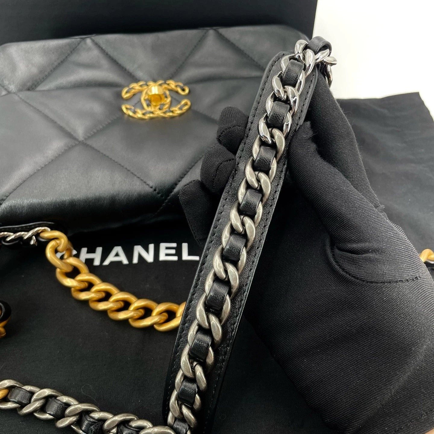 CHANEL 19 Small Black Gold Lambskin Shoulder Crossbody Bag For Women