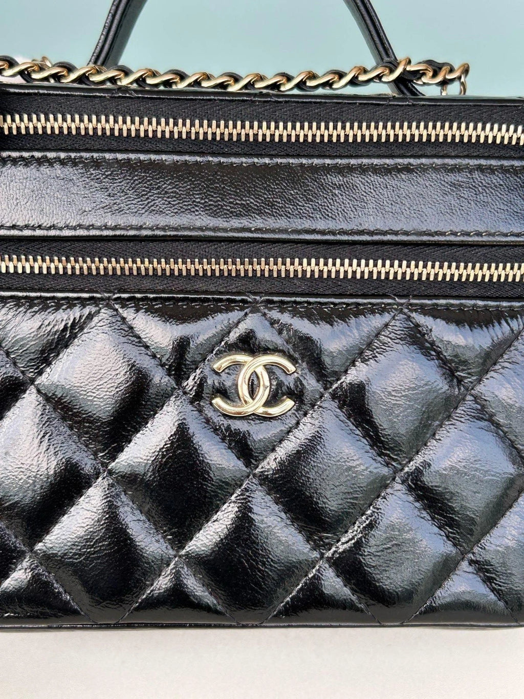 Chanel Diamond Calfskin Chain Top Handle Crossbody Black Gold Women Classic
