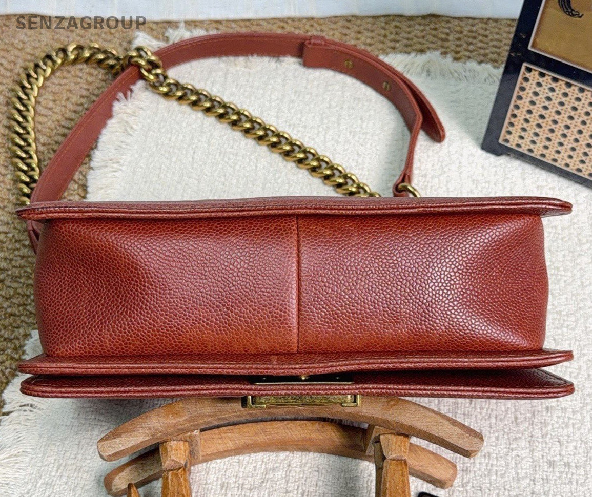 Chanel Leboy MM Chain Shoulder Bag Crossbody Red Gold Women Classic Diamond