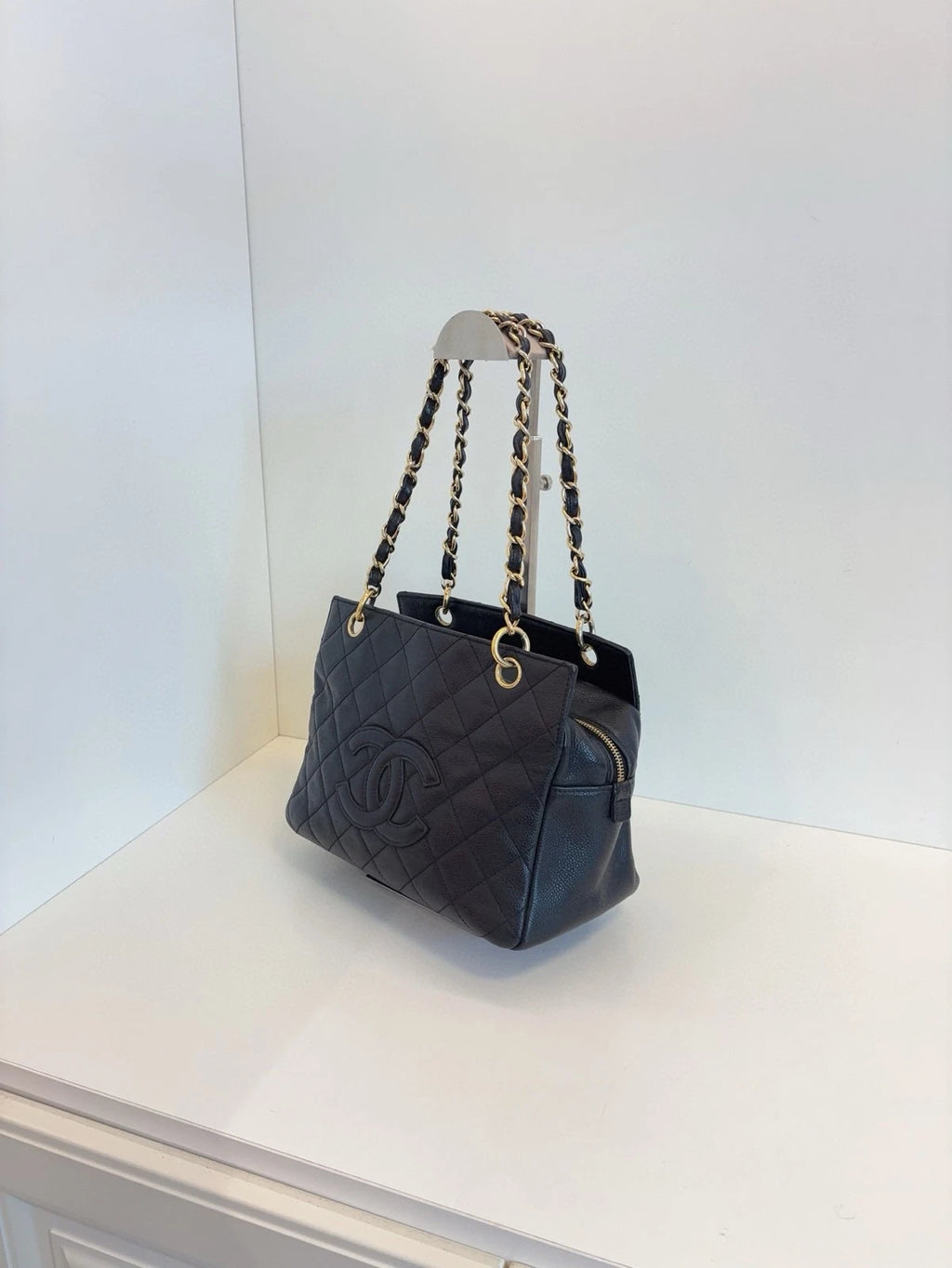 Chanel PTT Small Fatty Zip Tote Bag Black Caviar Leather Women Classic