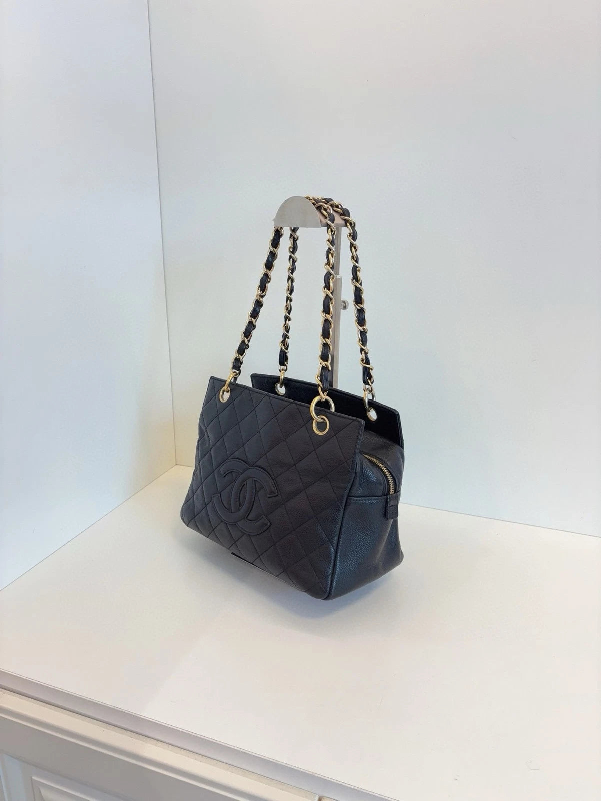 Chanel PTT Small Fatty Zip Tote Bag Black Caviar Leather Women Classic