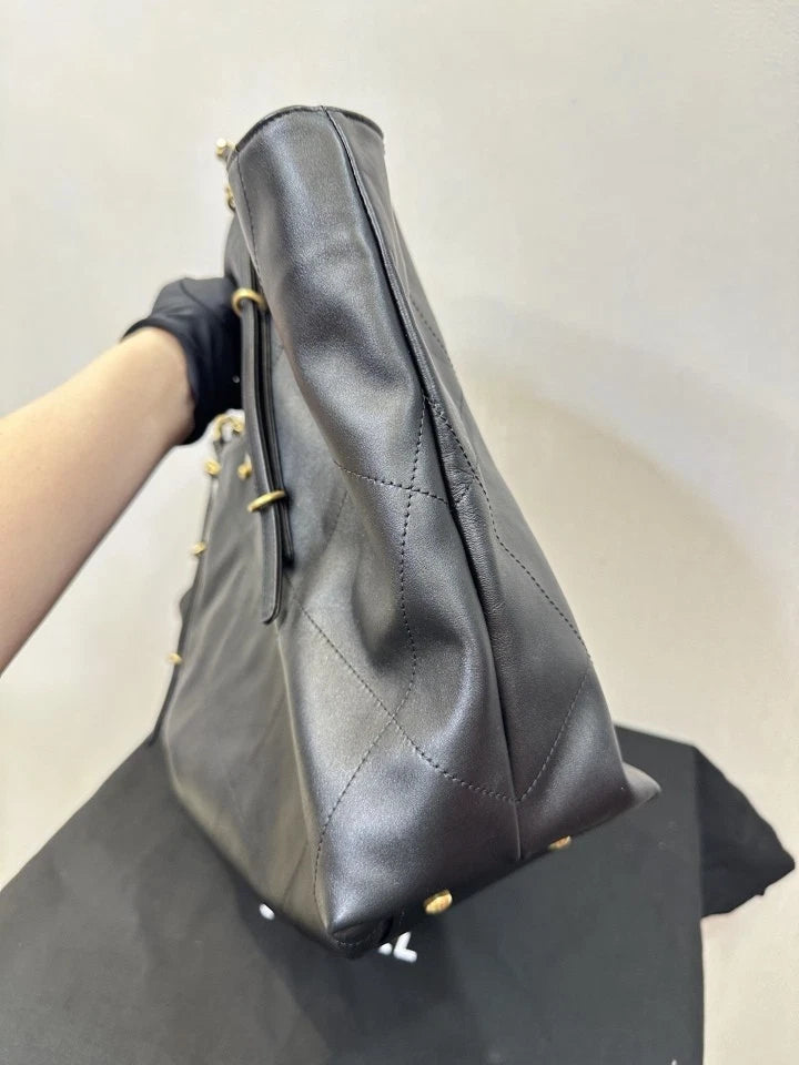 CHANEL 25s Maxi Tote Shopping Bag Black Gold Soft Calfskin Women