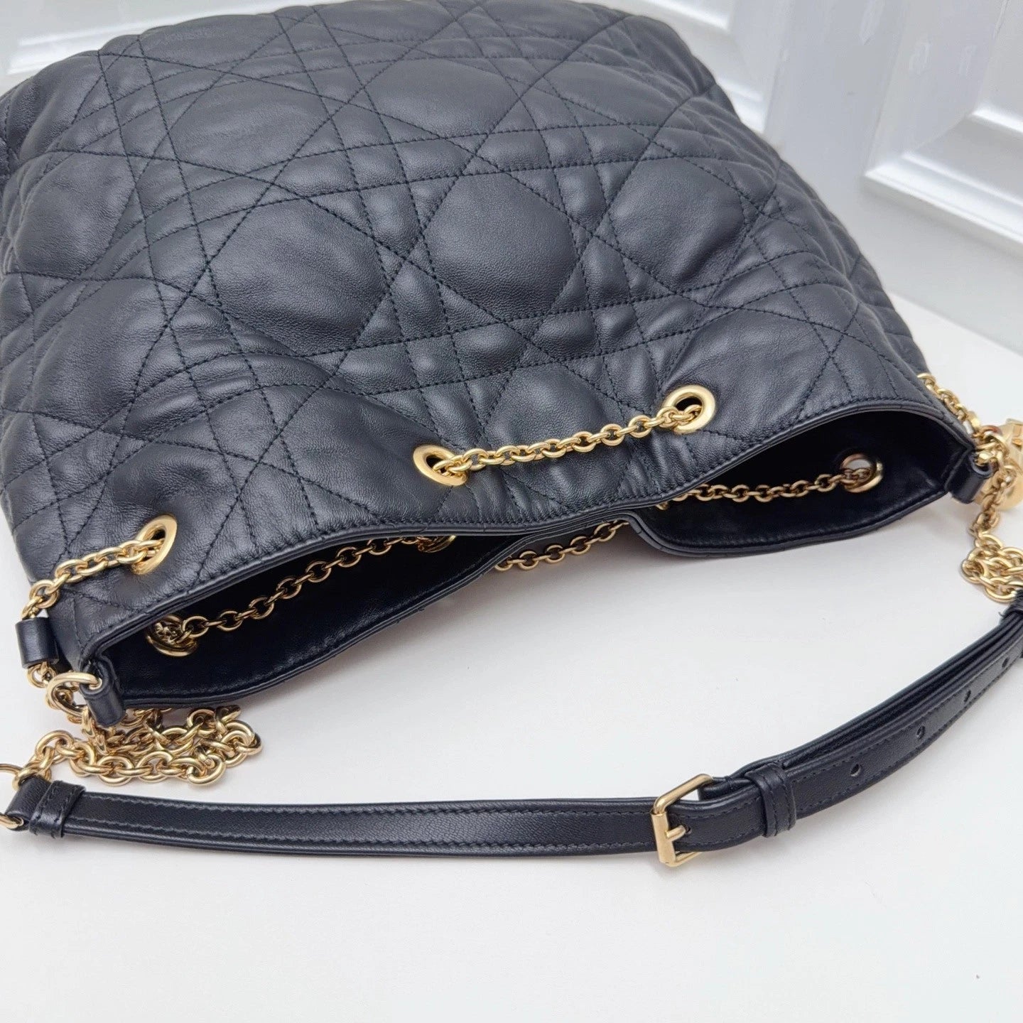 Christian Dior Cannage Tote Shoulder Bag Black Gold Hardware Women Classic