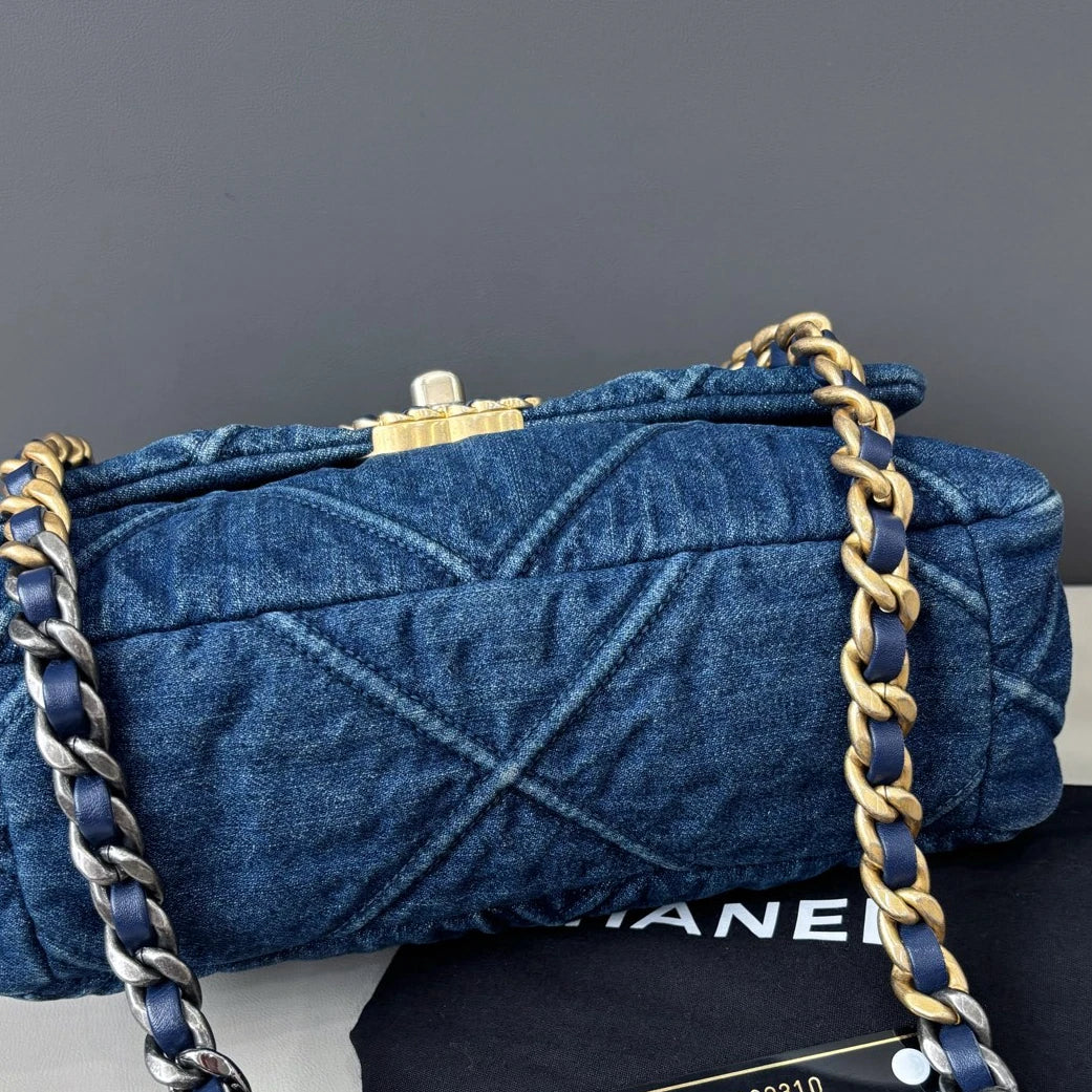 Chanel 19 Small Denim Flap Crossbody Bag Everyday Shoulder Bag Deep Blue Gold
