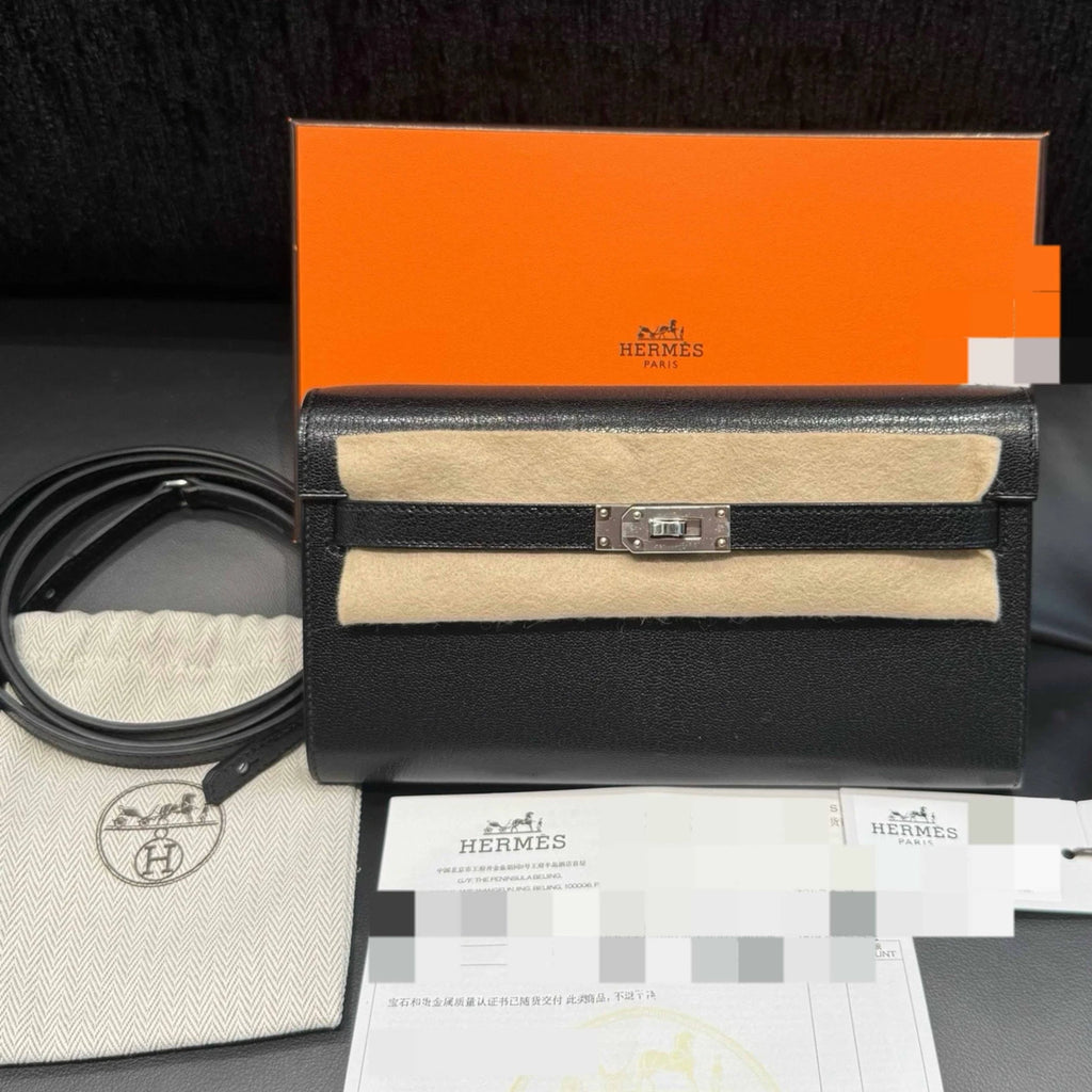 Hermes Kelly Togo Goatskin Shoulder Crossbody Bag Black Silver Women D