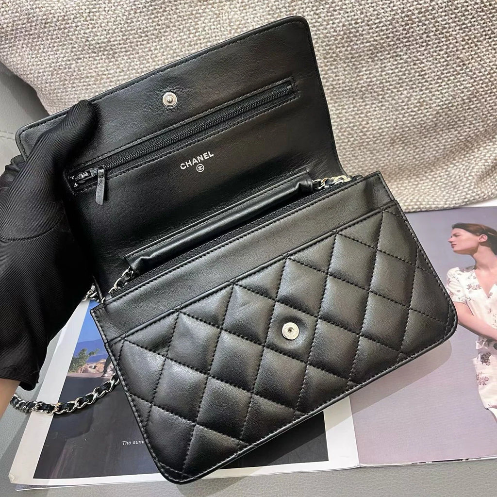 Chanel WOC Lambskin Chain Shoulder Bag Crossbody Diamond Black Silver Women