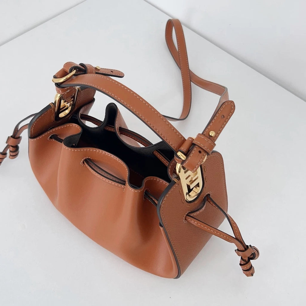 Excellent Fendi Pomodorino Bucket Top Handle Crossbody Bag Brown Gold Hardware