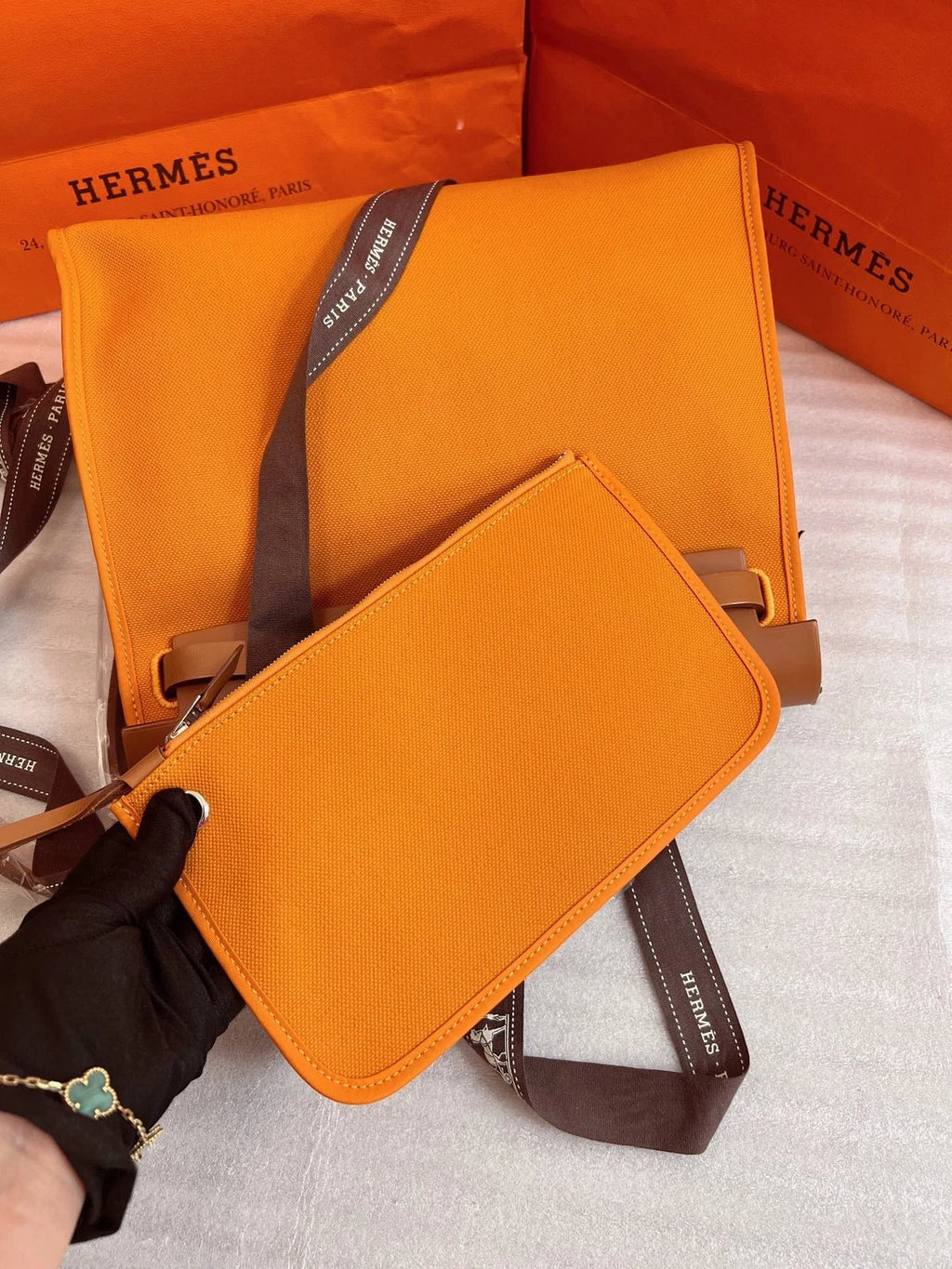 Hermes Herbag 31 Canvas Top Handle Crossbody Bag Orange Silver Women