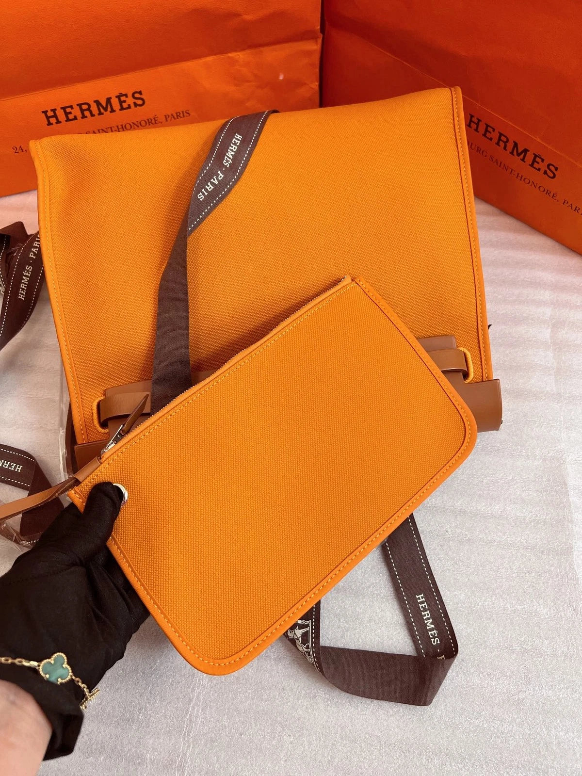 Hermes Herbag 31 Canvas Top Handle Crossbody Bag Orange Silver Women