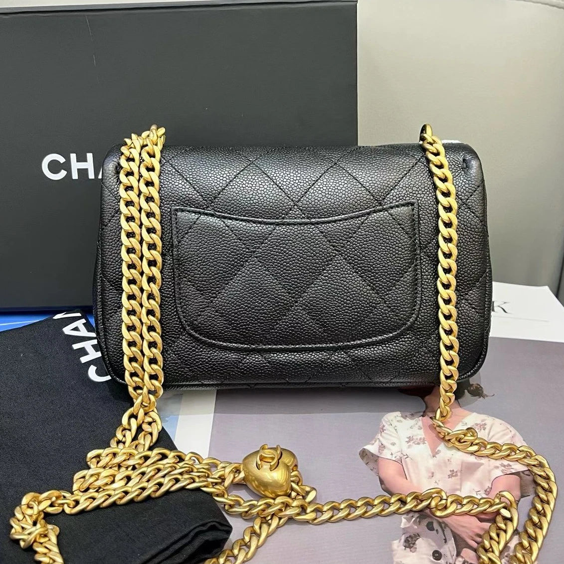 Chanel Calfskin Chain Shoulder Bag Crossbody Black Gold Diamond Women Classic