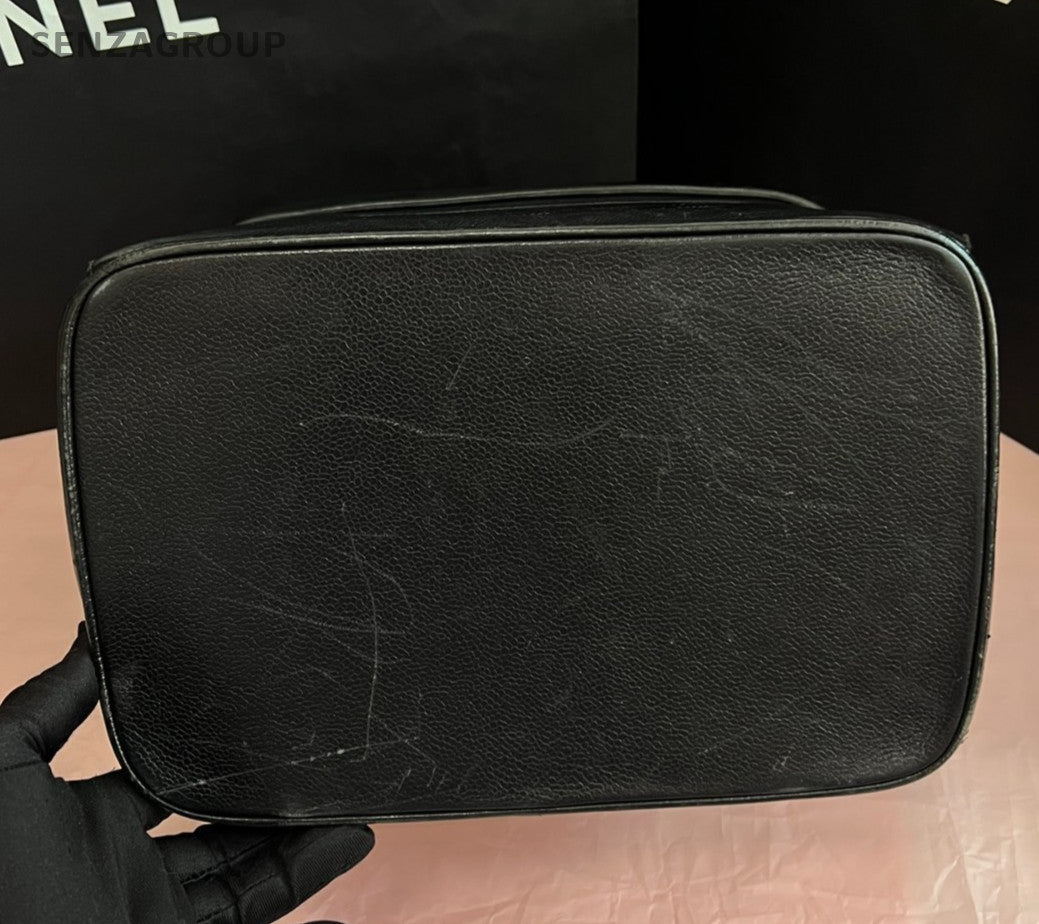 Chanel Vintage GM Calfskin Top Handle Bag Black Gold Used Women Classic
