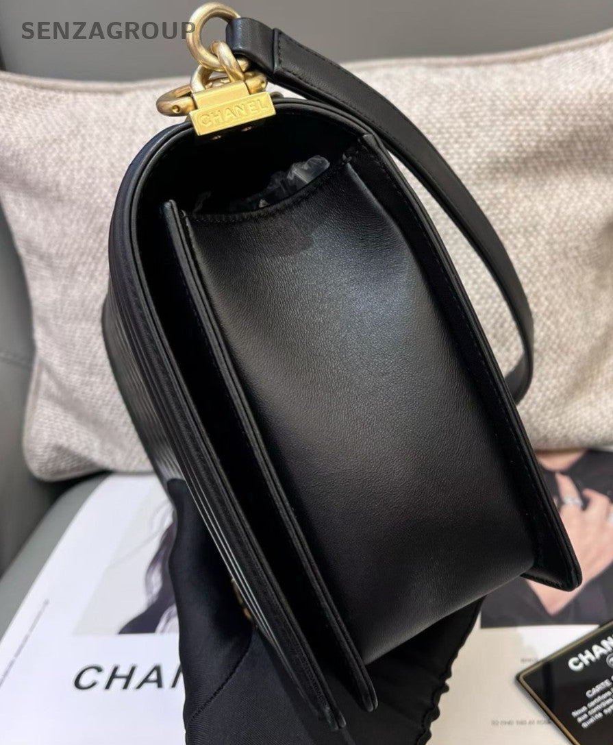 Chanel Leboy GM Lambskin Chain Shoulder Bag Crossbody Black Gold Women Classic
