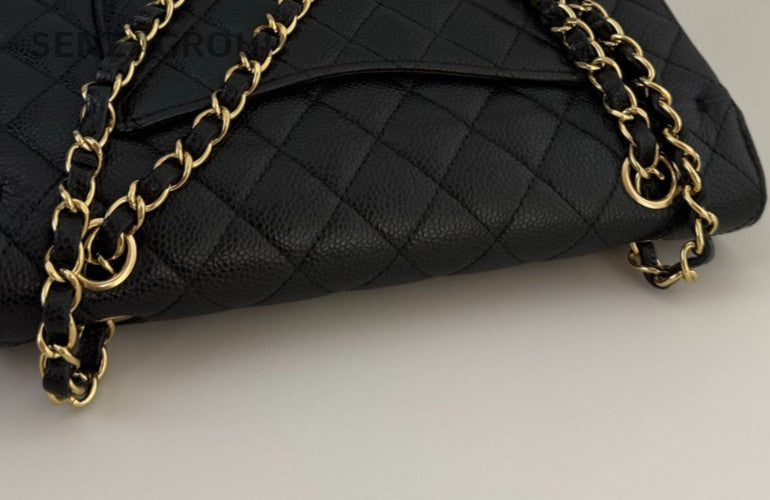 Chanel Classic Flap MM Chain Shoulder Bag Black Red Gold Used Women CC Logo