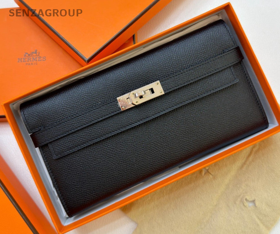 Hermes Kelly Wallet Clutch Black Silver Used Women Classic