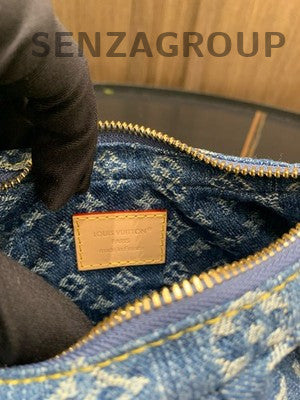 Louis Vuitton Denim Monogram Blue Gold Clasp Tote Shoulder Bag Women