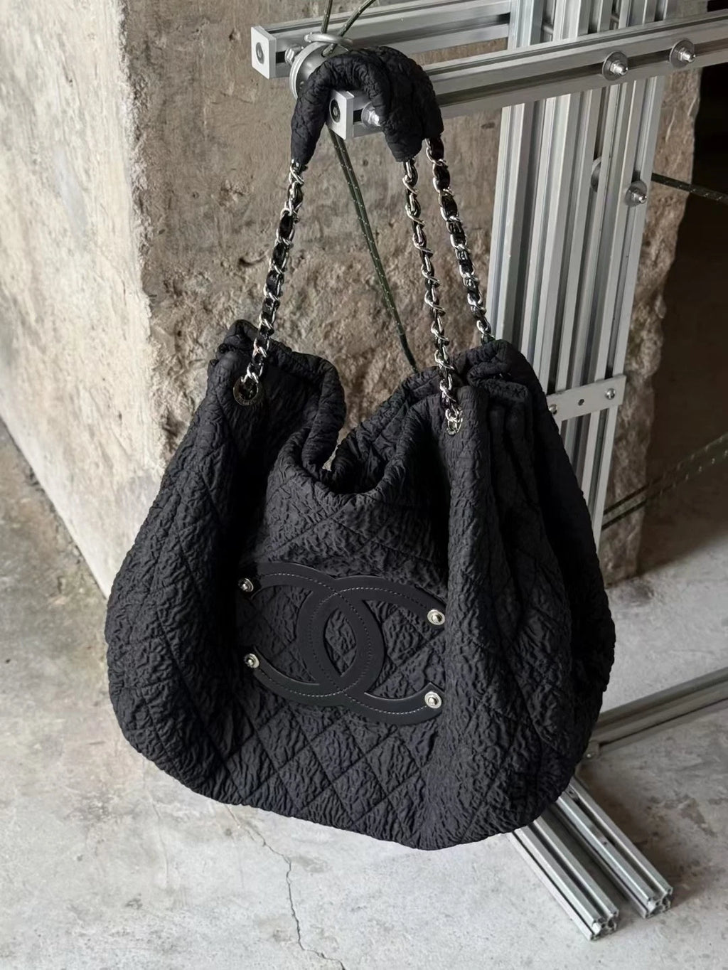 Chanel XXL Ruched Tote Bag Large Shoulder Bag Daily Carry Black Silver