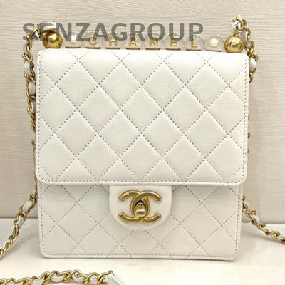 Chanel Classic Flap Vertical Pearl Chain Shoulder Bag White Gold