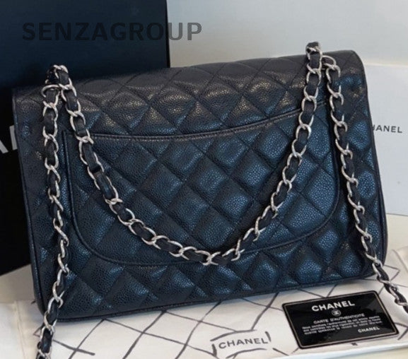 Chanel Classic Flap Jumbo Chain Shoulder Bag Black Silver Diamond Women Fashion