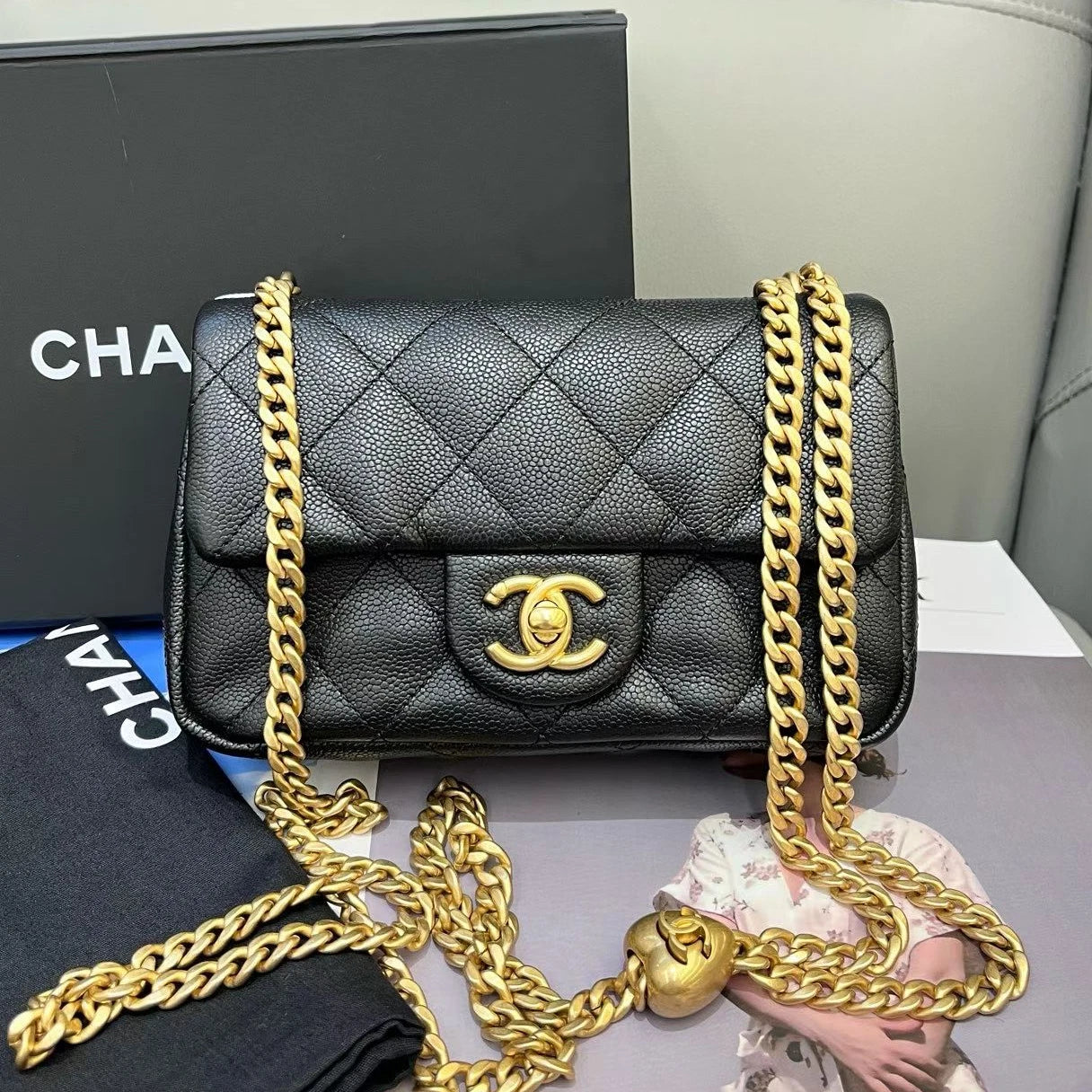 Chanel Calfskin Chain Shoulder Bag Crossbody Black Gold Diamond Women Classic