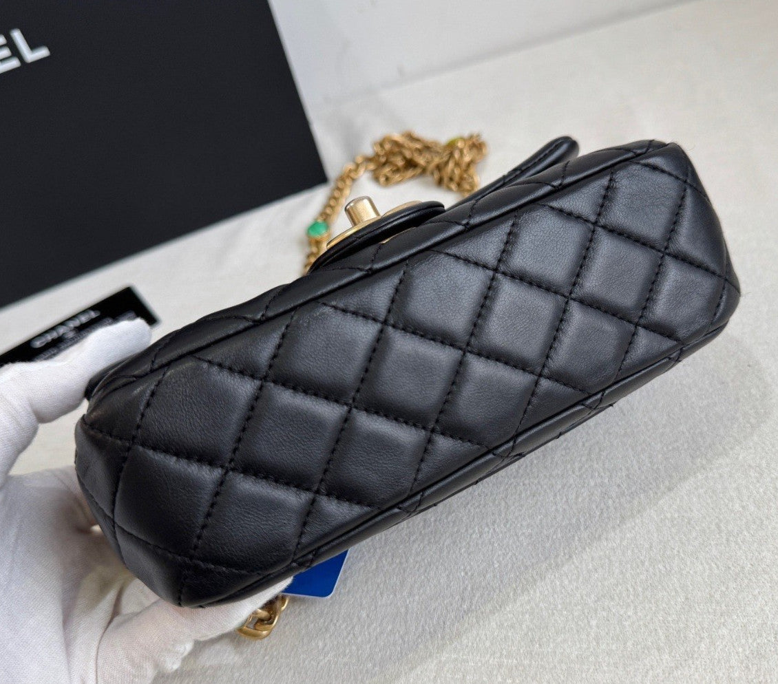 Chanel Diamond Mini Gemstone Chain Shoulder Bag Crossbody Black Gold Women