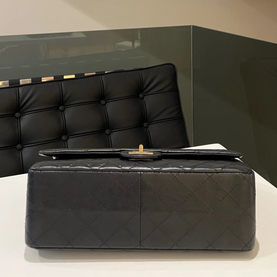 Chanel 2.55 Medium Black Gold Quilted Chain Shoulder Bag Classic