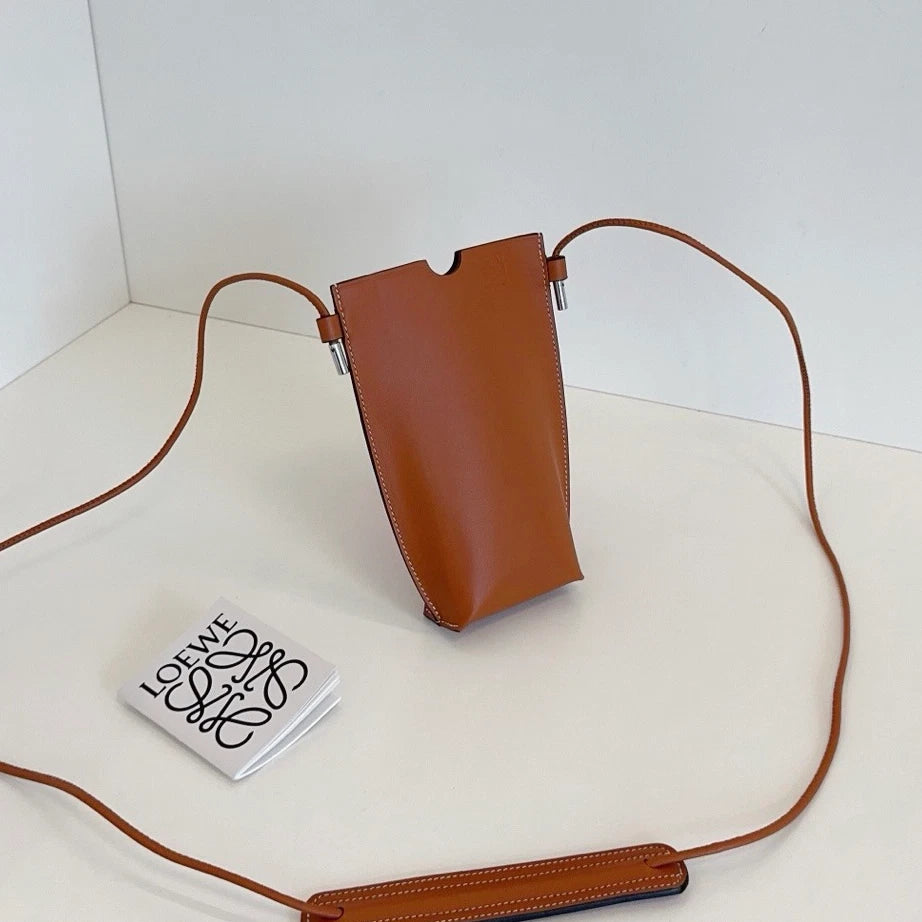 Loewe Calfskin Phone Bag Crossbody Brown Used Women Classic