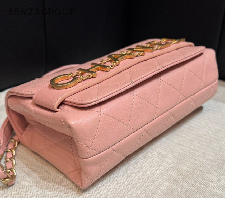 Chanel Diamond Chain Calfskin Shoulder Bag Crossbody Pink Gold Women Classic