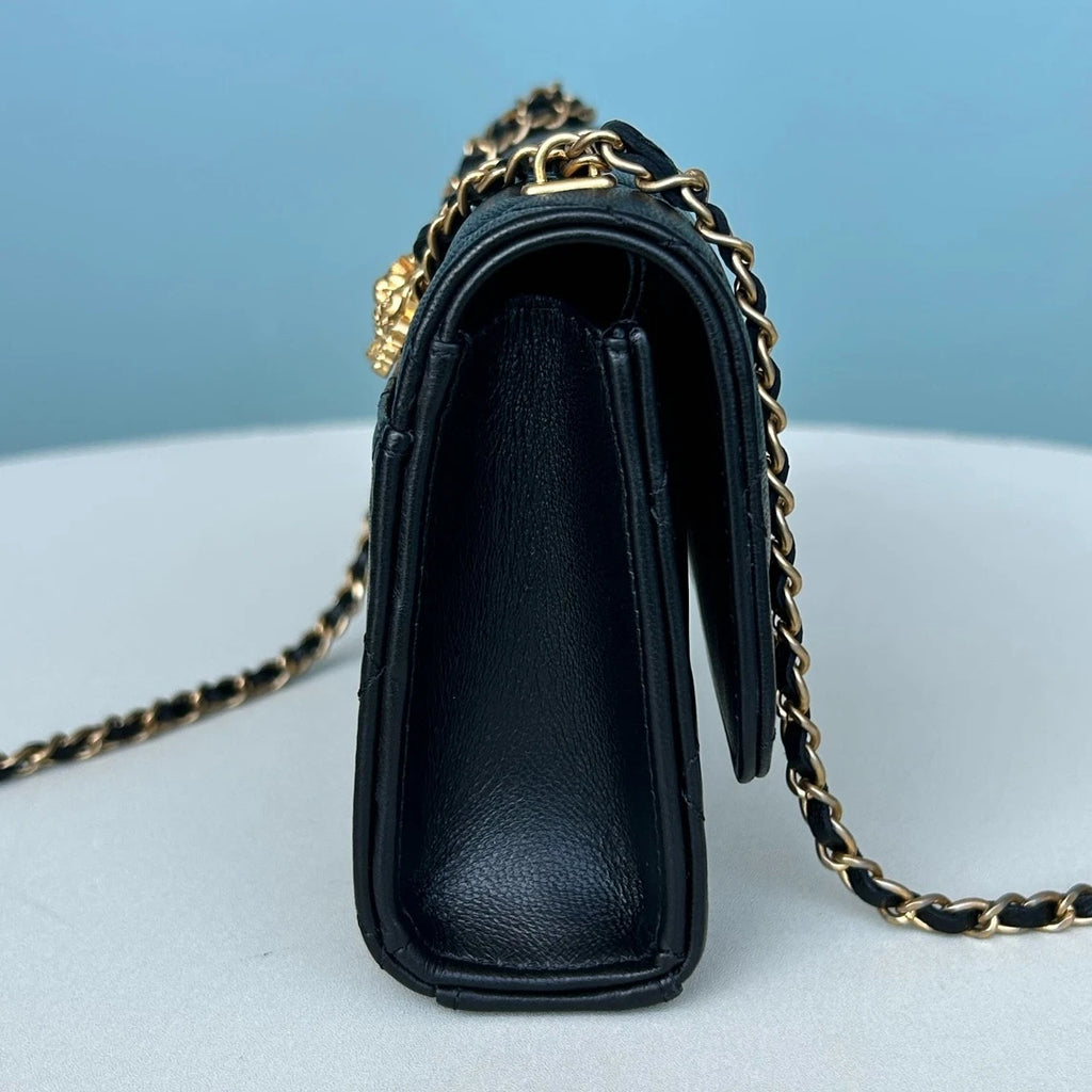 Chanel Lambskin Chain Shoulder Crossbody Diamond Black Gold Women Classic