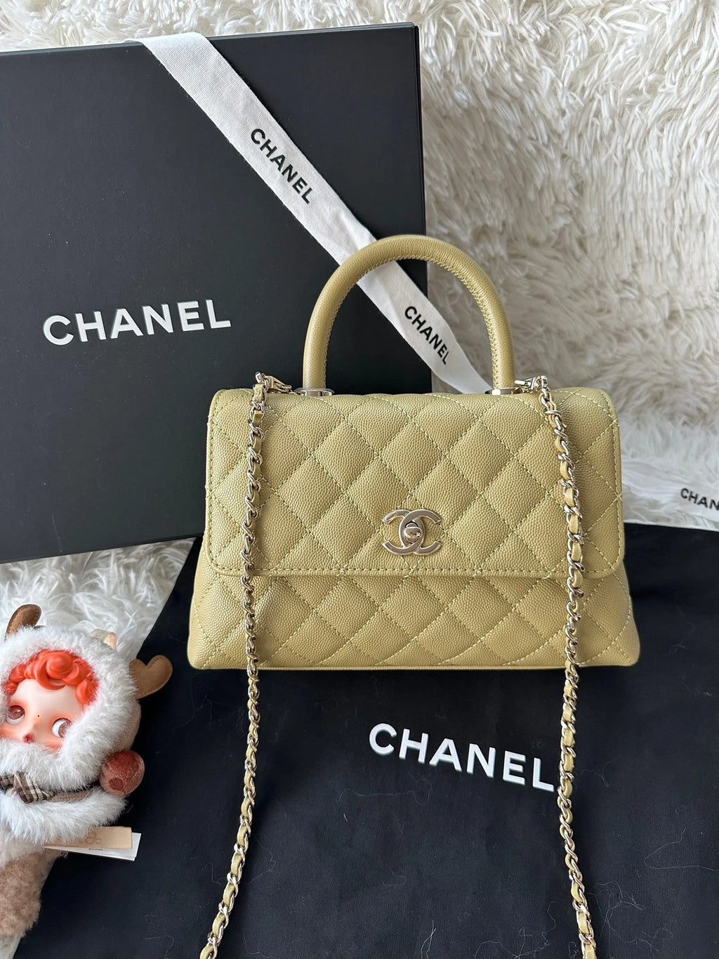 CHANEL Coco Handle Small Green Litchi Leather Top Handle Bag For Women