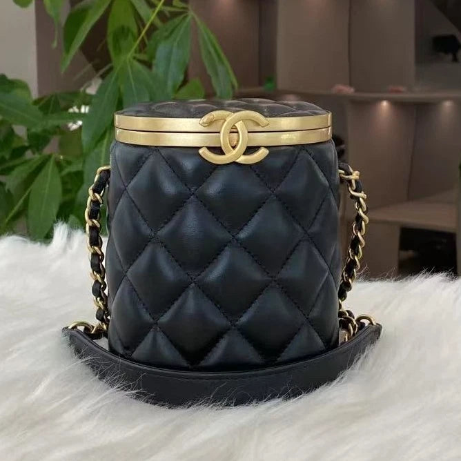 Chanel Classic Black Gold Quilted Cylinder Chain Shoulder Bag