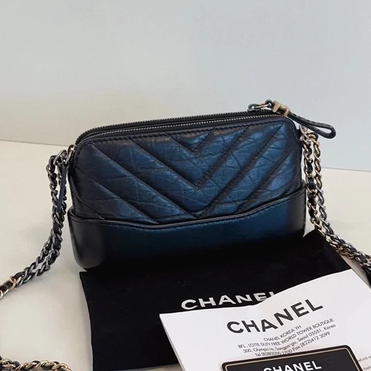Chanel Gabrielle Chain Shoulder Bag Crossbody Black Gold Chevron Women Classic