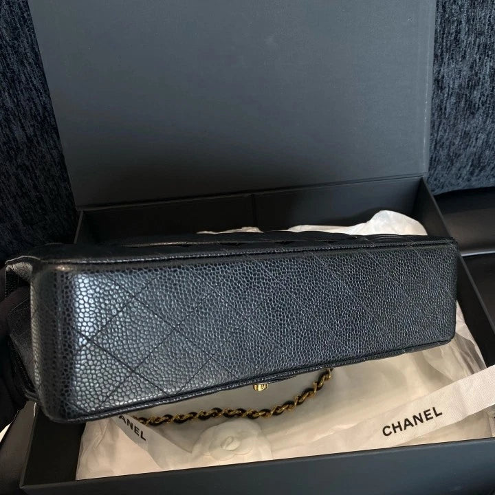Chanel Classic Flap Calfskin MM Chain Shoulder Bag Black Gold Women D
