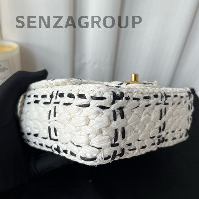 Chanel CF Black White Raffia Chain Shoulder Crossbody Bag Women
