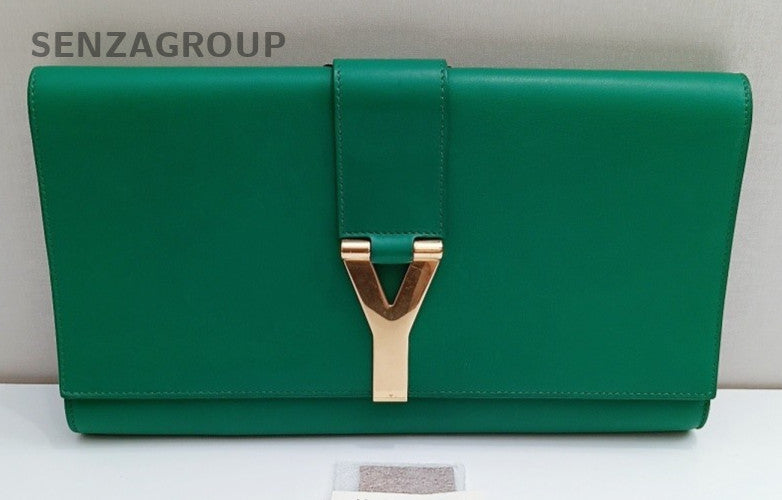 Saint Laurent Calfskin Clutch Green Gold Used Women Classic Designer