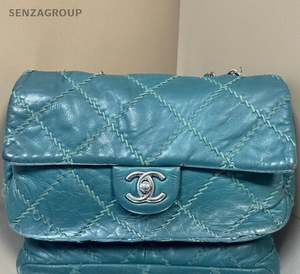 Chanel Classic Flap Chain Shoulder Bag Crossbody Green Silver Women Designer