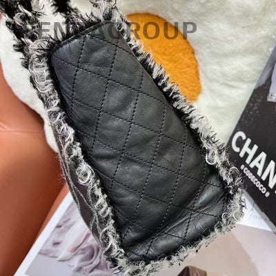 Chanel Black Tweed Tote Shoulder Bag Quilted Gold Button Women