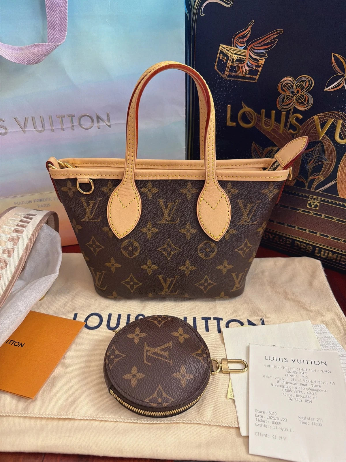 Excellent Louis Vuitton Neverfull BB Monogram Beige Strap Handbag Crossbody