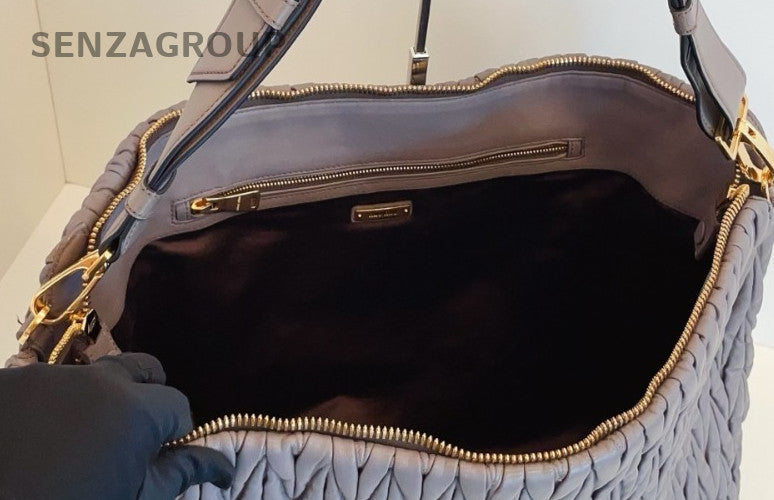 Miu Miu Calfskin Zipping Shoulder Bag Gray Gold Used Women Classic Designer