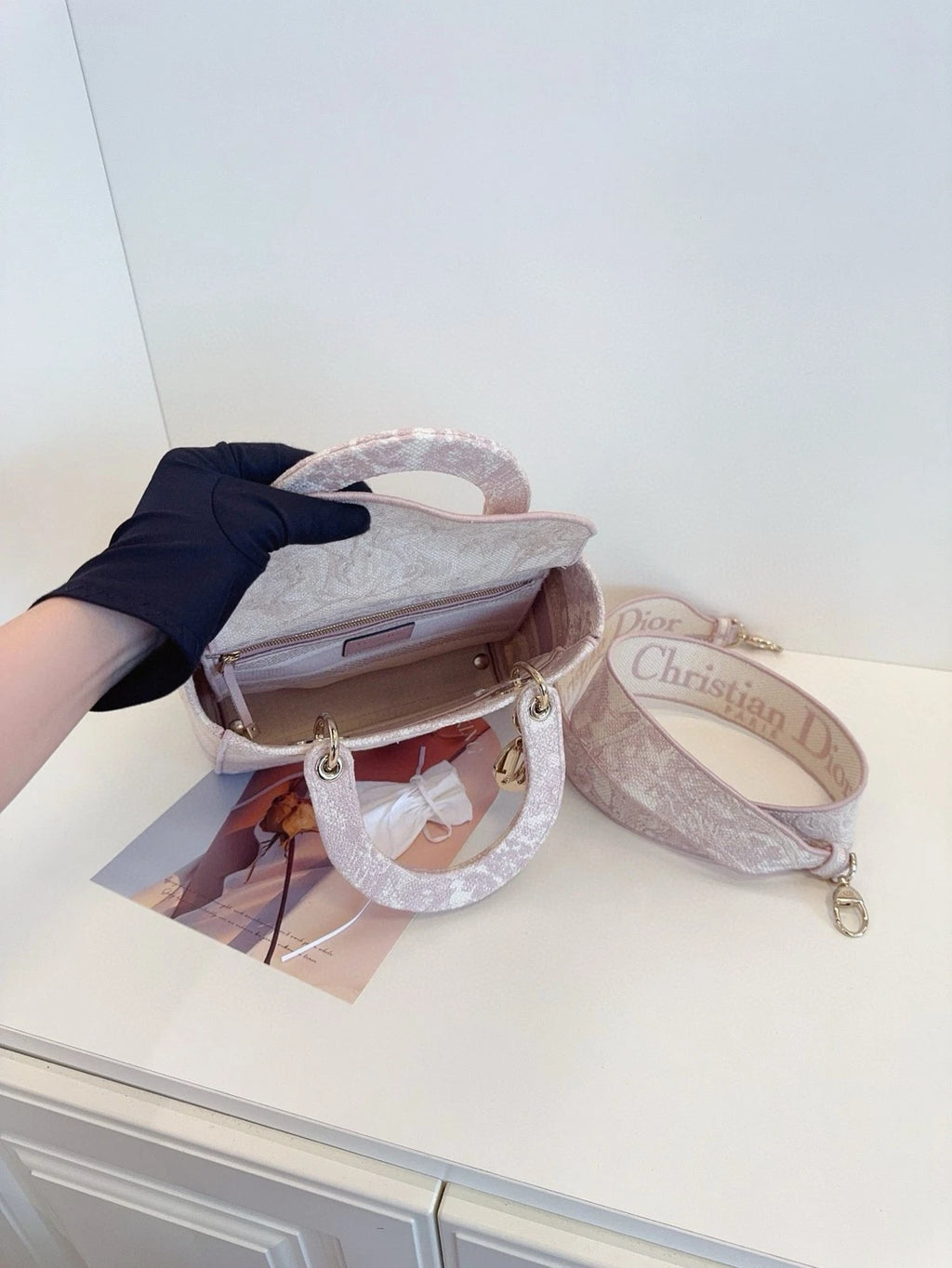 Dior Pink Canvas Embroidered Lady D-Lite Top Handle Bag Women