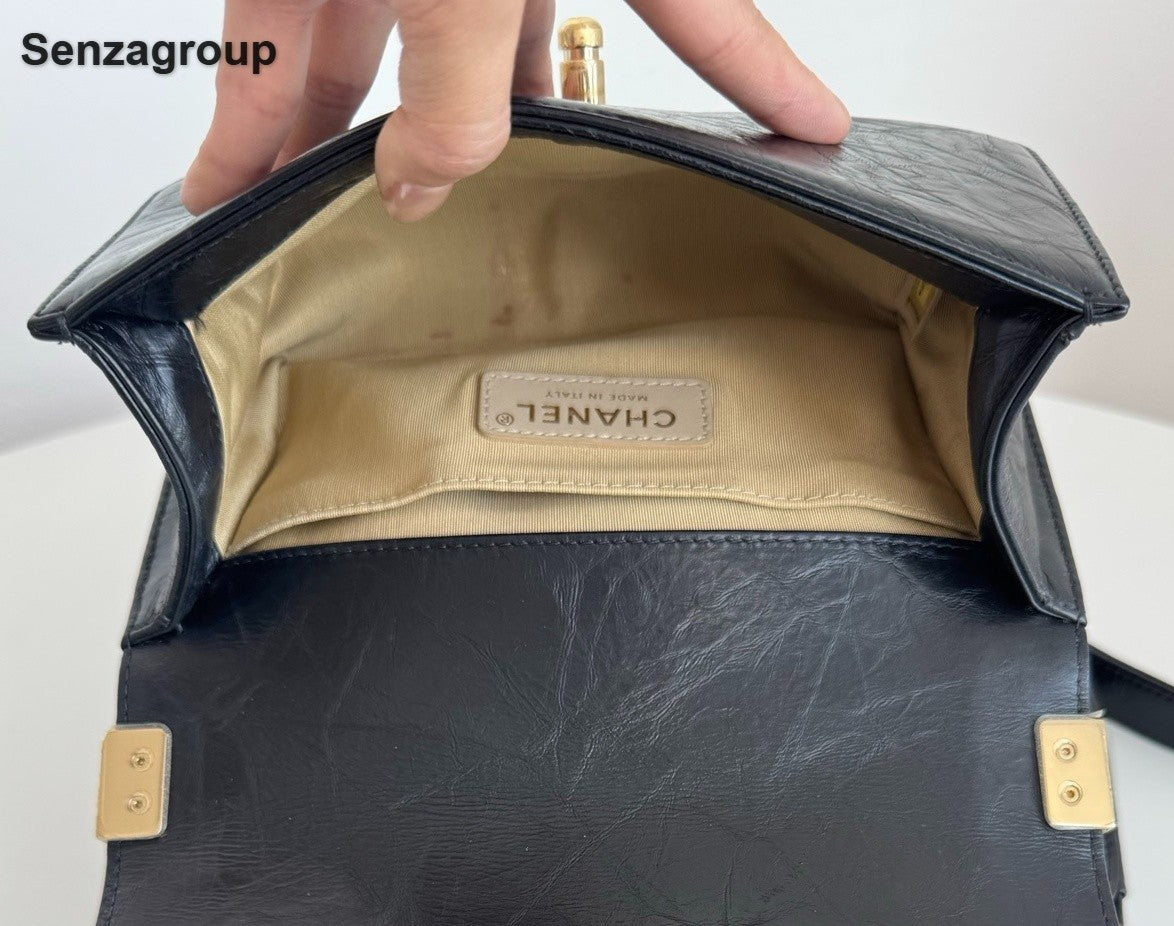 Chanel Leboy PM Calfskin Chain Shoulder Bag Black Gold Women Classic Fashion