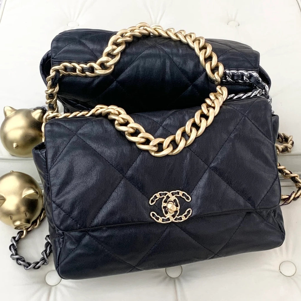 Chanel 19Bag MM Goatskin Chain Shoulder Crossbody Bag Black Gold Women S
