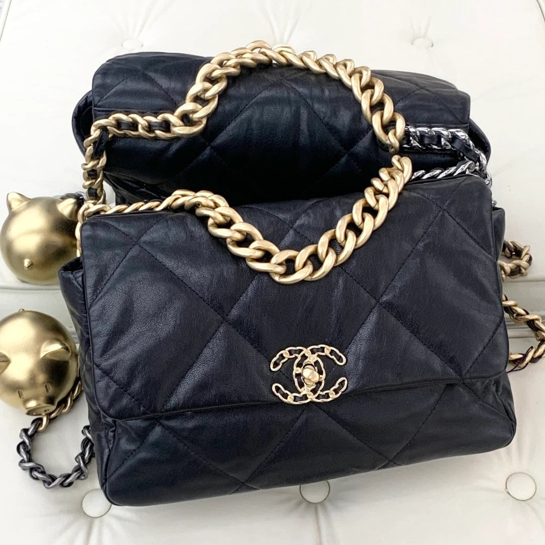 Chanel 19Bag MM Goatskin Chain Shoulder Crossbody Bag Black Gold Women S