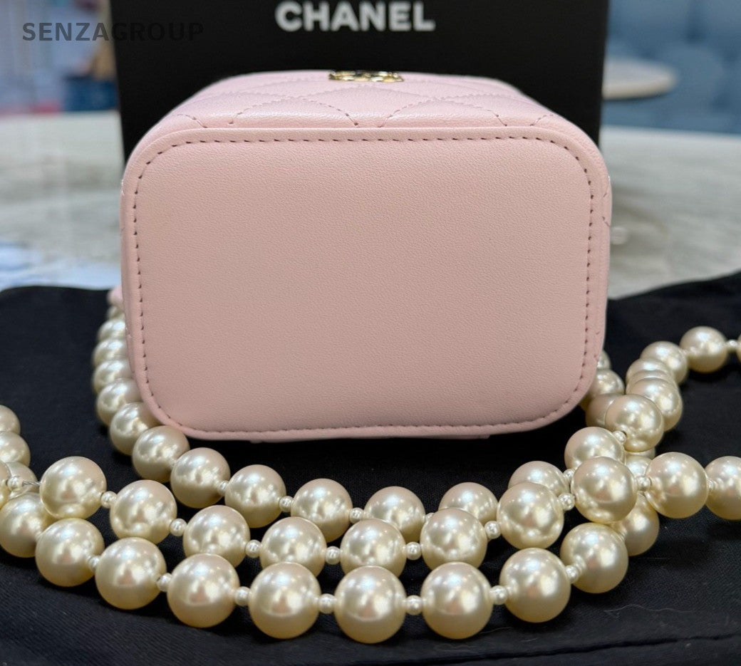 Chanel Diamond Mini Pearl Chain Shoulder Bag Crossbody Pink Gold Women Fashion